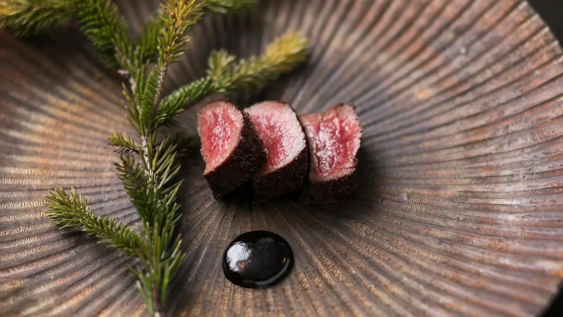 Three slices of seared wagyu beef on a textured brown ceramic plate garnished with pine sprigs and a dot of dark sauce