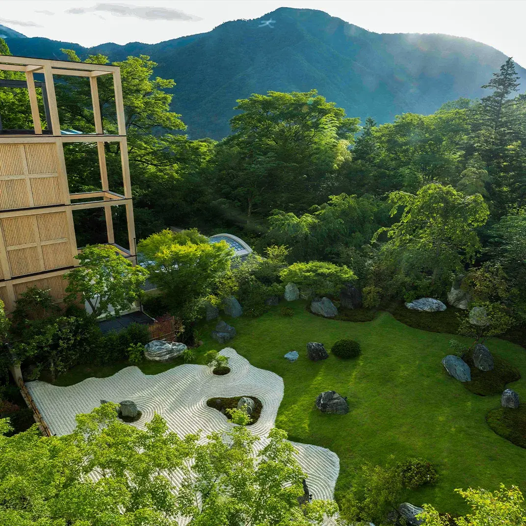 Gora Kadan's karesansui rock garden terraced above Hakone's forested hillside