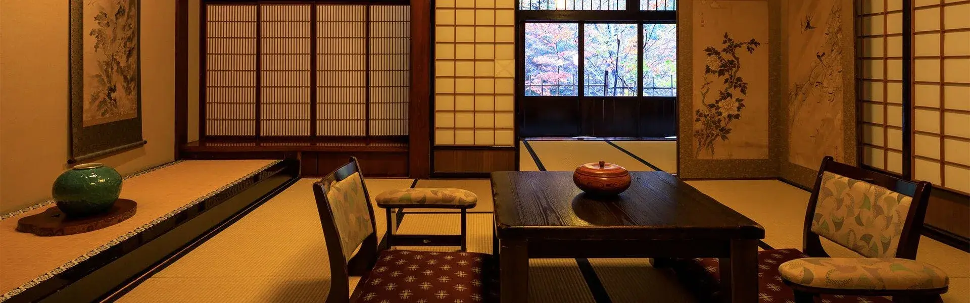 Tatami room with hanging scrolls and shoji screens at Yumoto Choza, Okuhida
