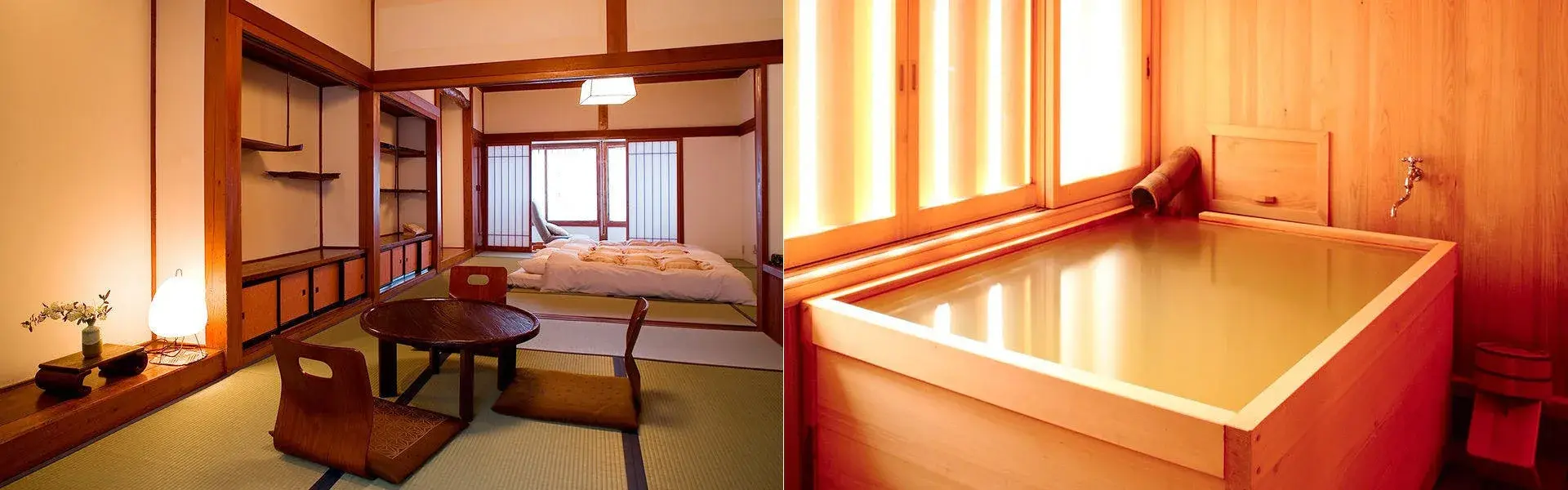 Tatami room with futon bedding beside a private hinoki bath at Maruya