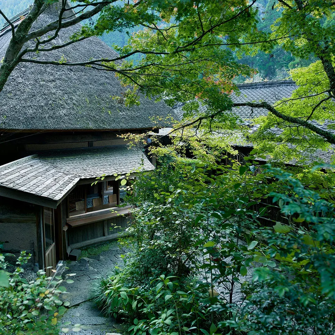 Gajoen's kayabuki farmhouse tucked into summer forest above the Amorigawa river