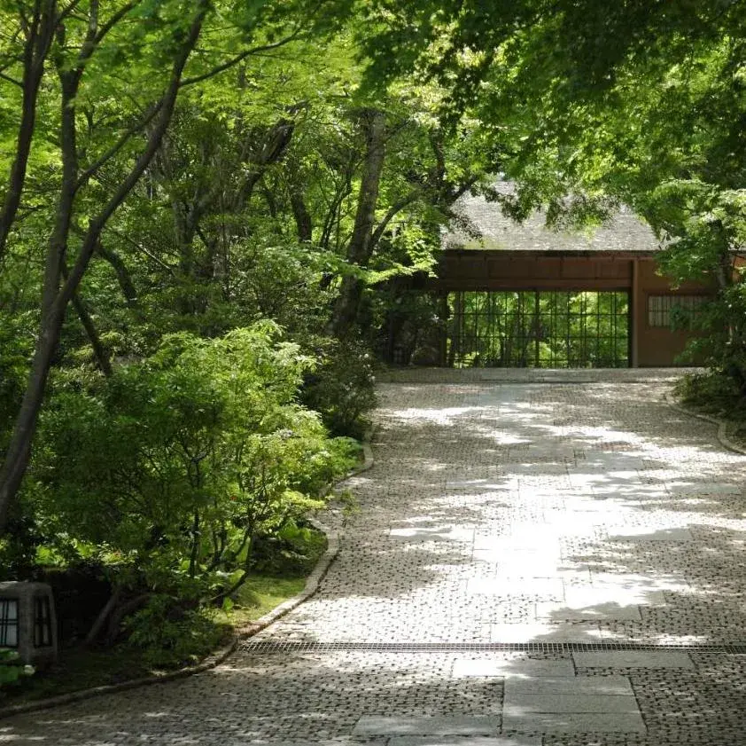Cobblestone approach through summer cedar forest to Ryotei Hanzuiryo's wooden entrance gate