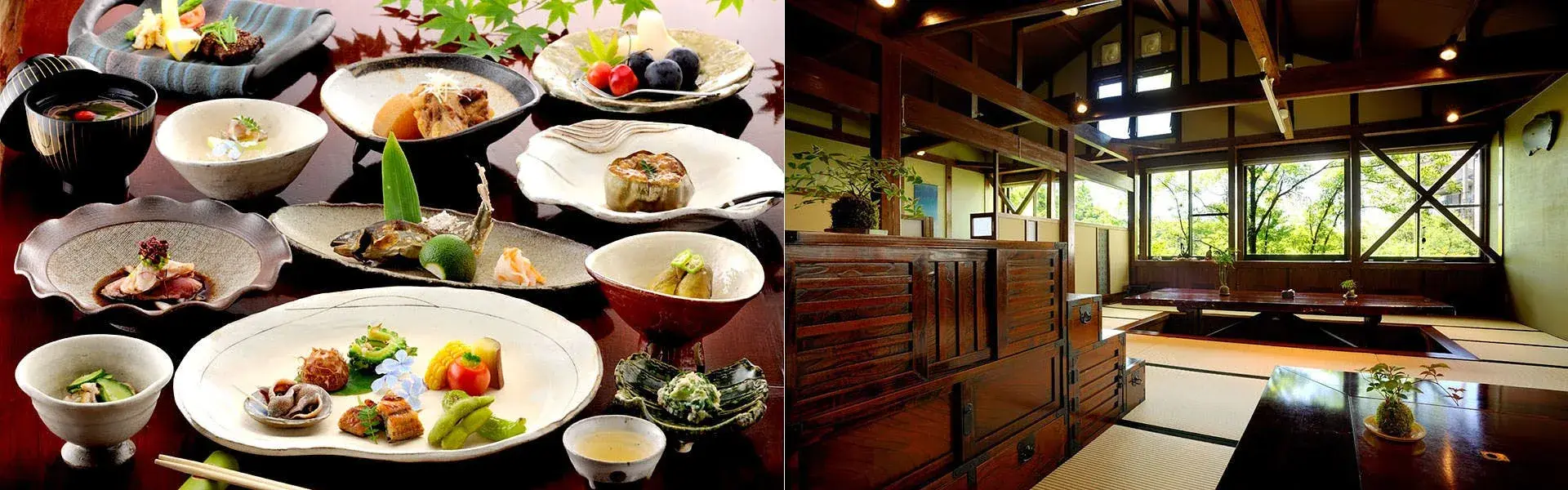 Kaiseki dinner spread across stone and ceramic dishes at Komatsu, Maruo Onsen
