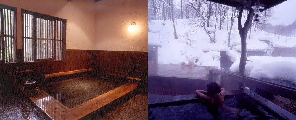 Indoor wooden bath and snow-covered outdoor rotenburo at Taenoyu in Nyuto Onsen winter