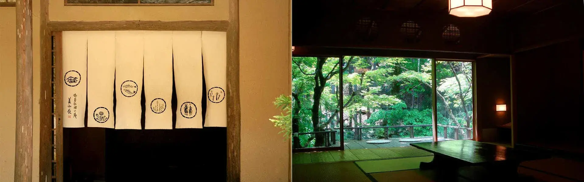 Miyamasou's noren curtain and tatami room overlooking the Hanase mountain forest