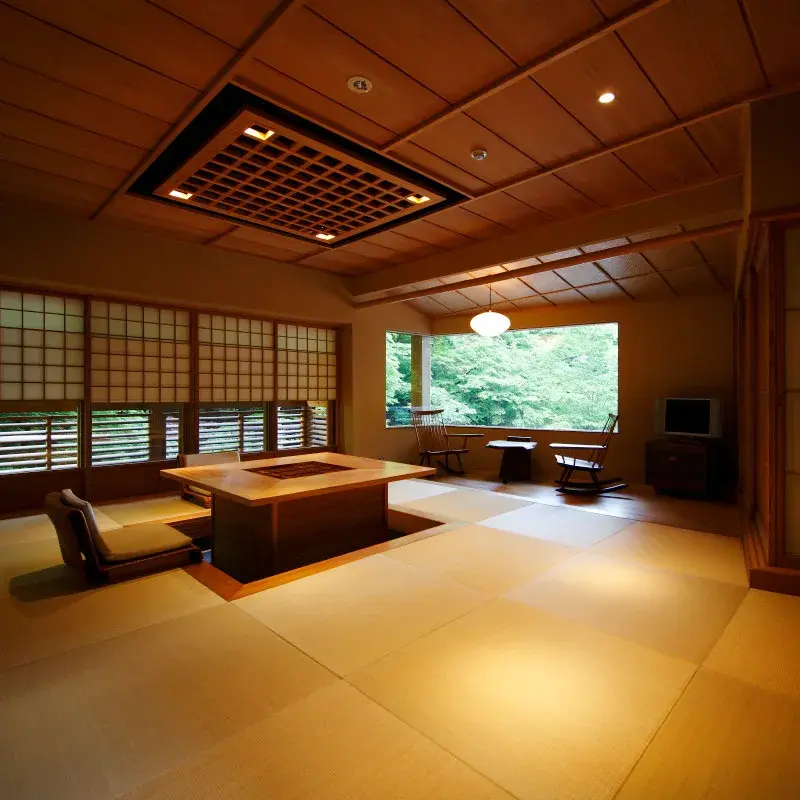 Kifune Ugenta tatami room with coffered cedar ceiling and forest view, Kibune Kyoto