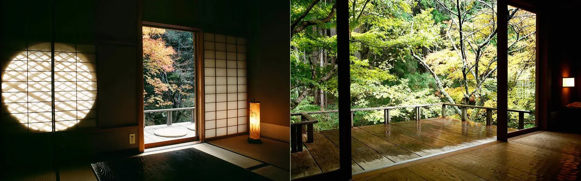 Round shoji window and autumn maple canopy in a Miyamasou tatami room