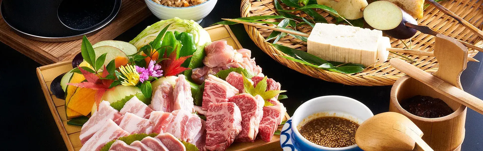 Aso wagyu and local pork platter set for tabletop grilling with tofu
