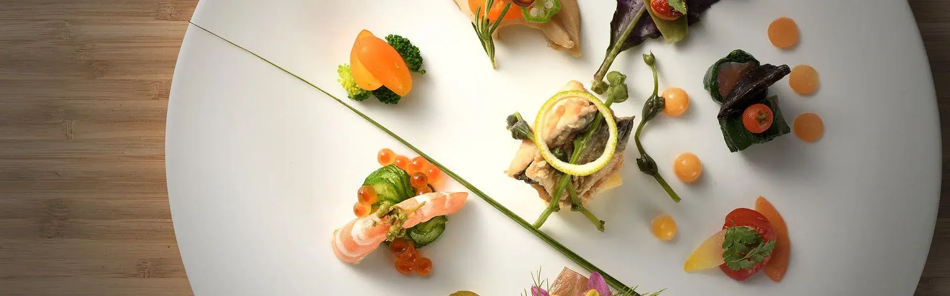 Kaiseki opening course at Yamado, shrimp and salmon roe on white porcelain
