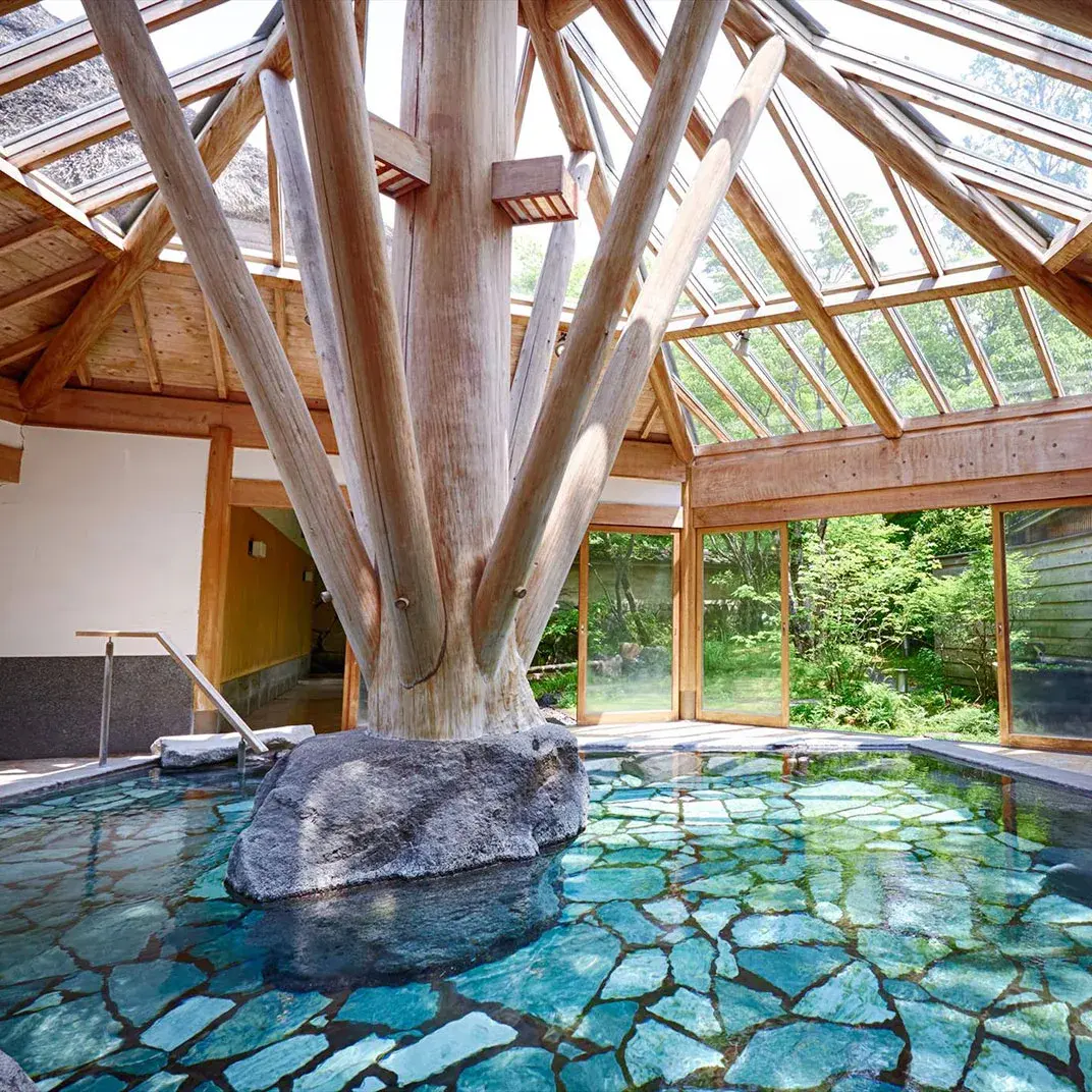 Indoor onsen bath with living tree rising through mosaic-tiled mineral water