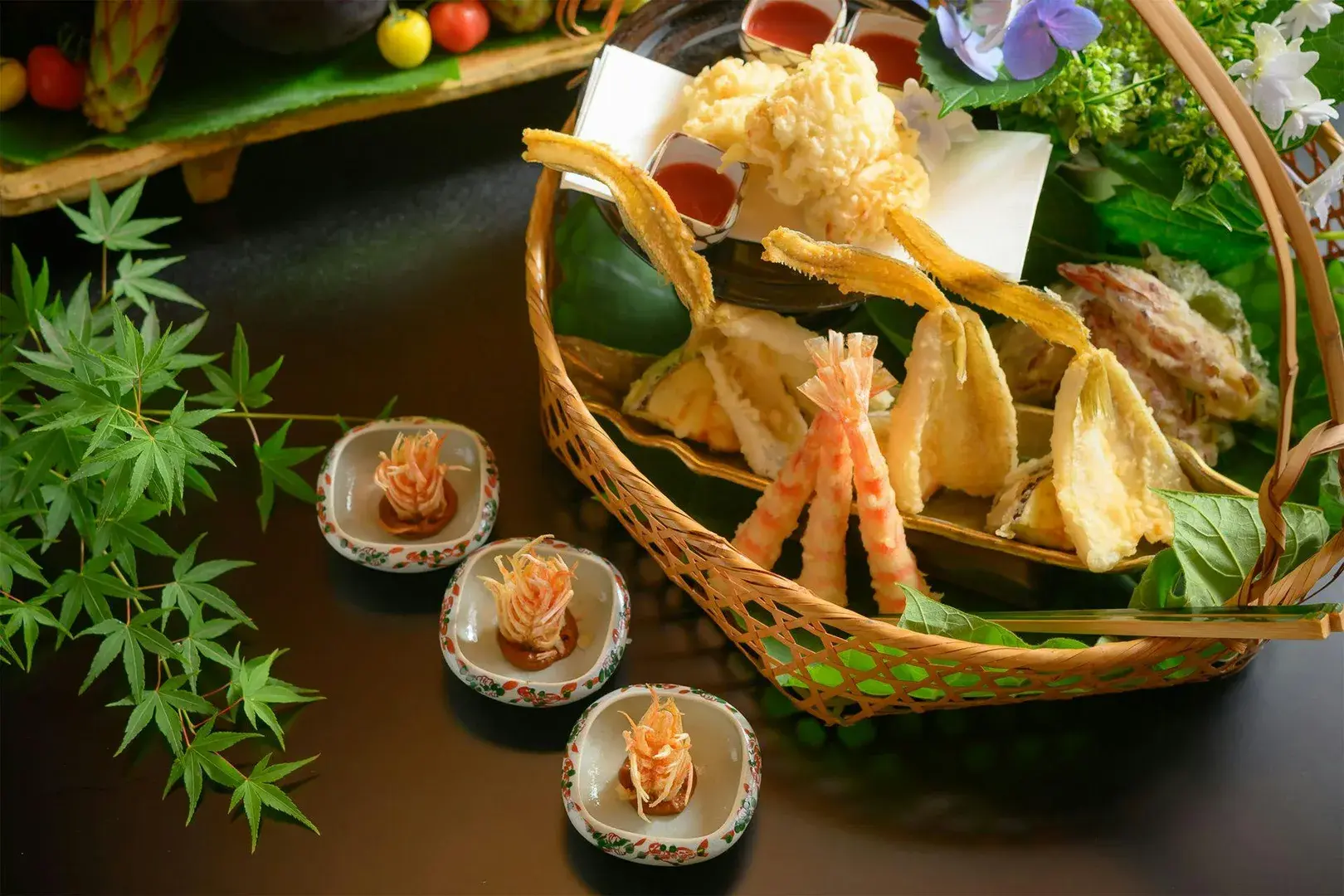 Yoshikawa tempura course in wicker basket with shrimp and seasonal vegetables, Kyoto