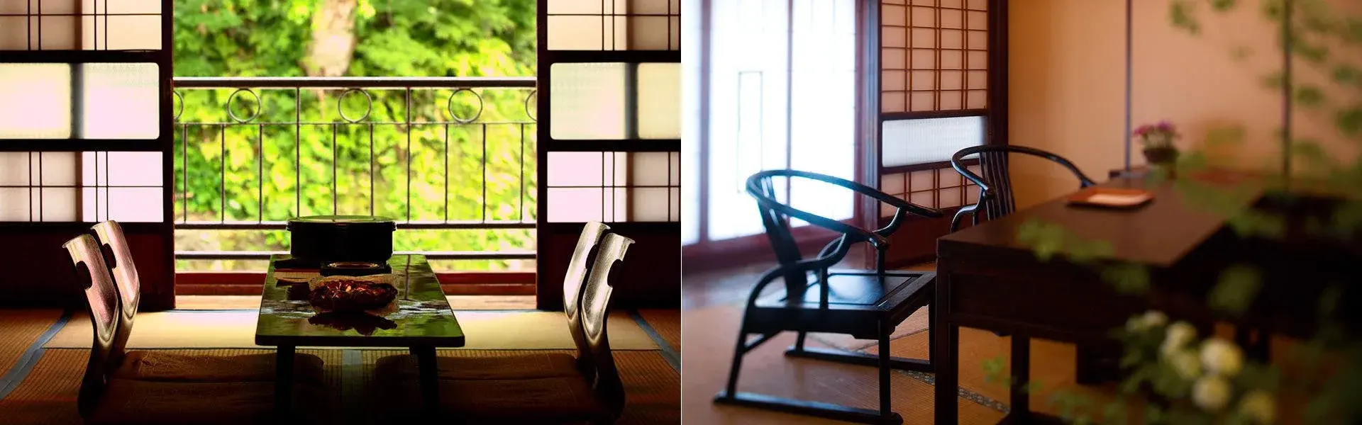 Maruya's tatami dining room and sitting alcove overlooking summer foliage